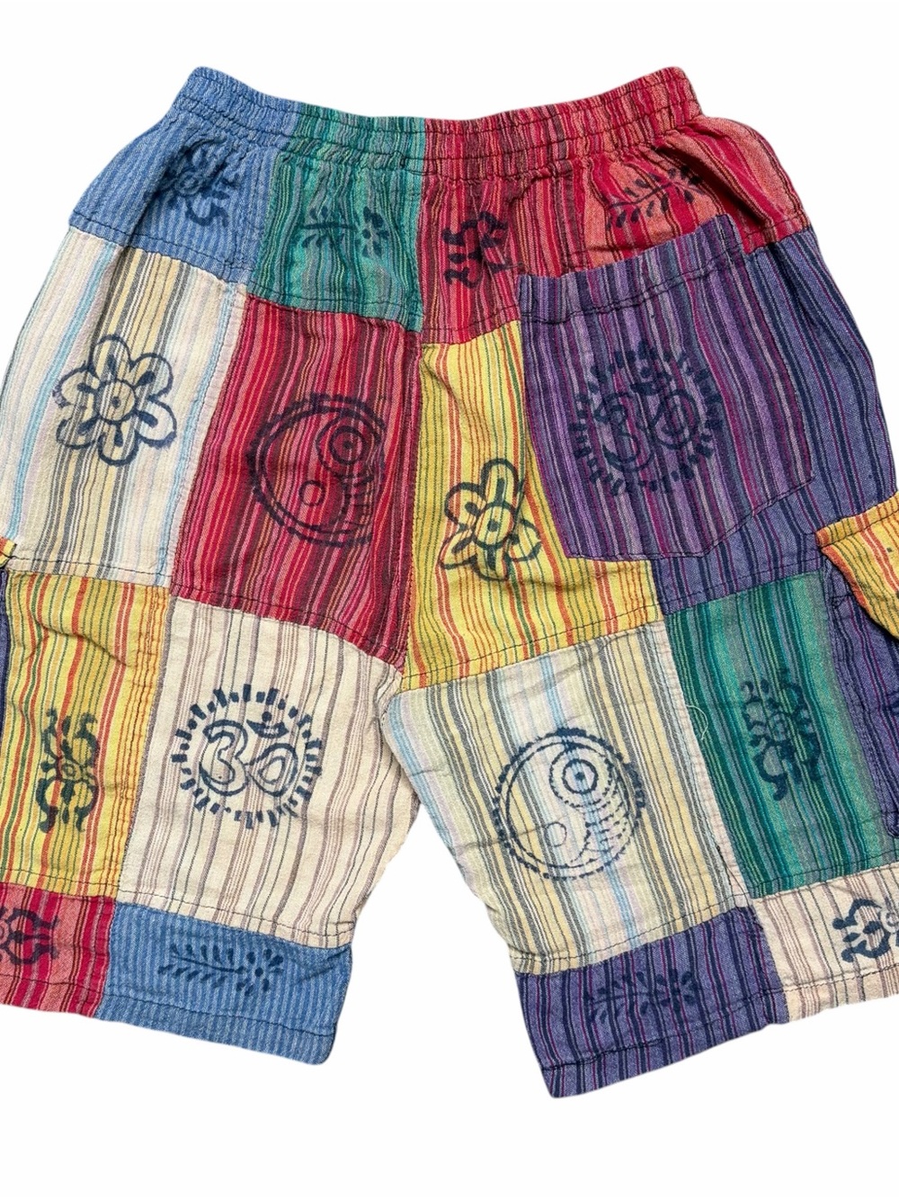 Patchwork Multicolor Boho Hippie High Waisted Cargo Elastic Retro Cotton Shorts - Picture 7 of 7